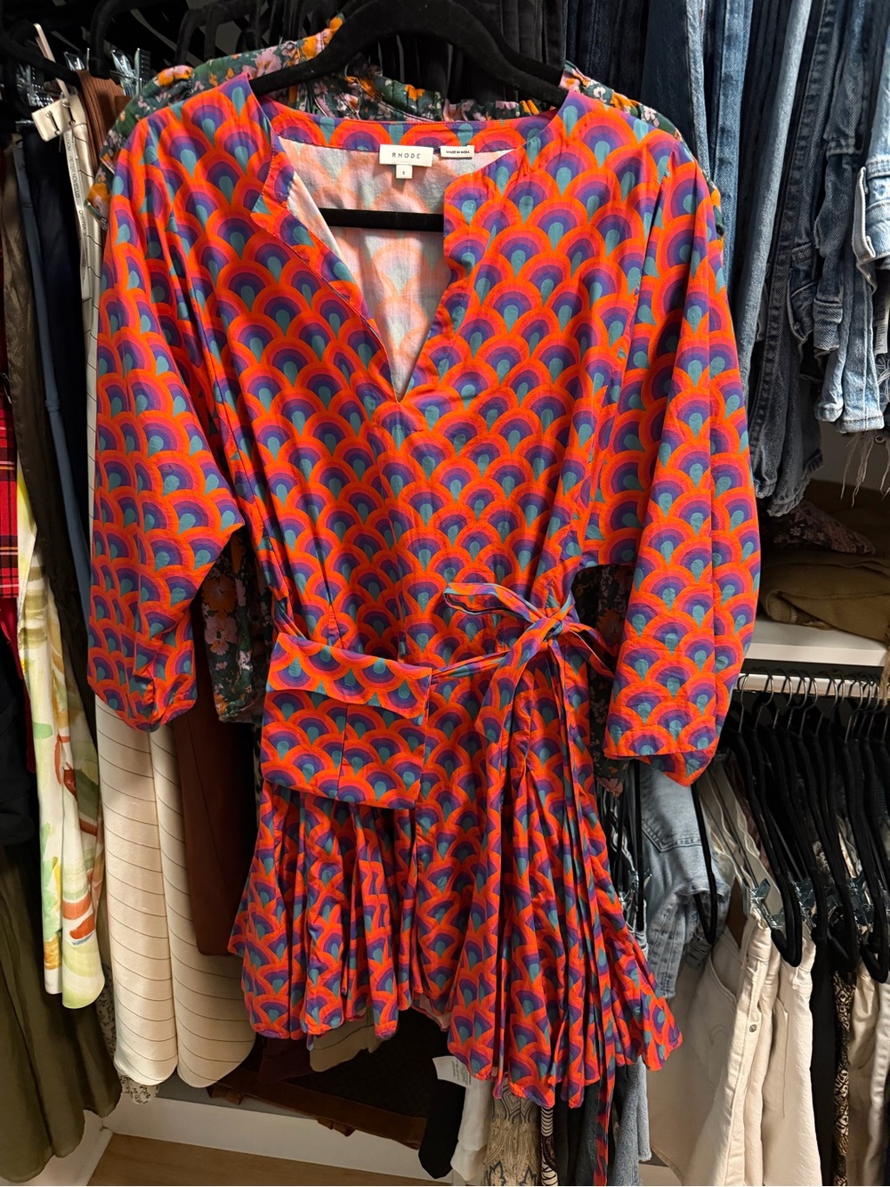 RHODE Multicolor Geometric Wrap Dress in Red and Blue